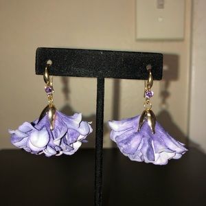 Beautiful Purple Carnation Flower Earrings w/ Purple Crystal